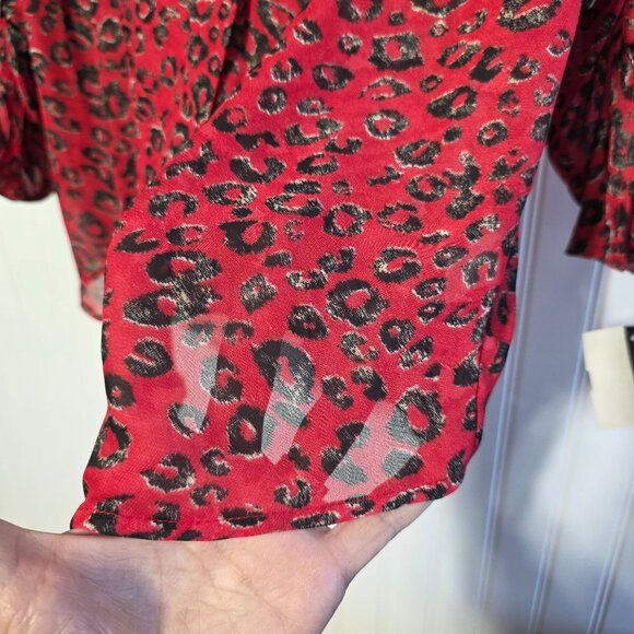 Leopard Print Red Sheer Blouse Size M Whimsigoth Y2K Slinky Boho Gypsy New - Picture 5 of 9
